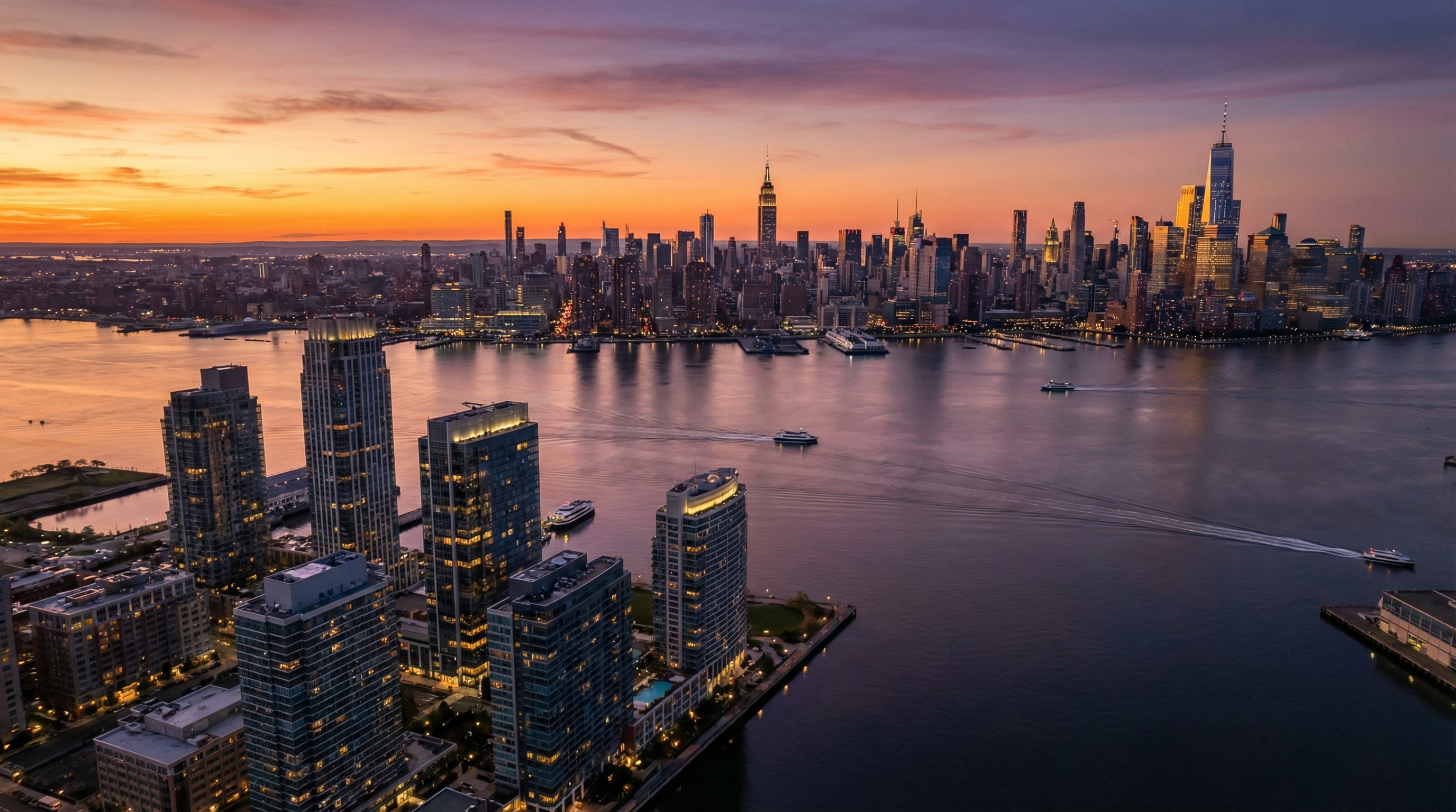 New Jersey and Manhattan Skyline at Sunset